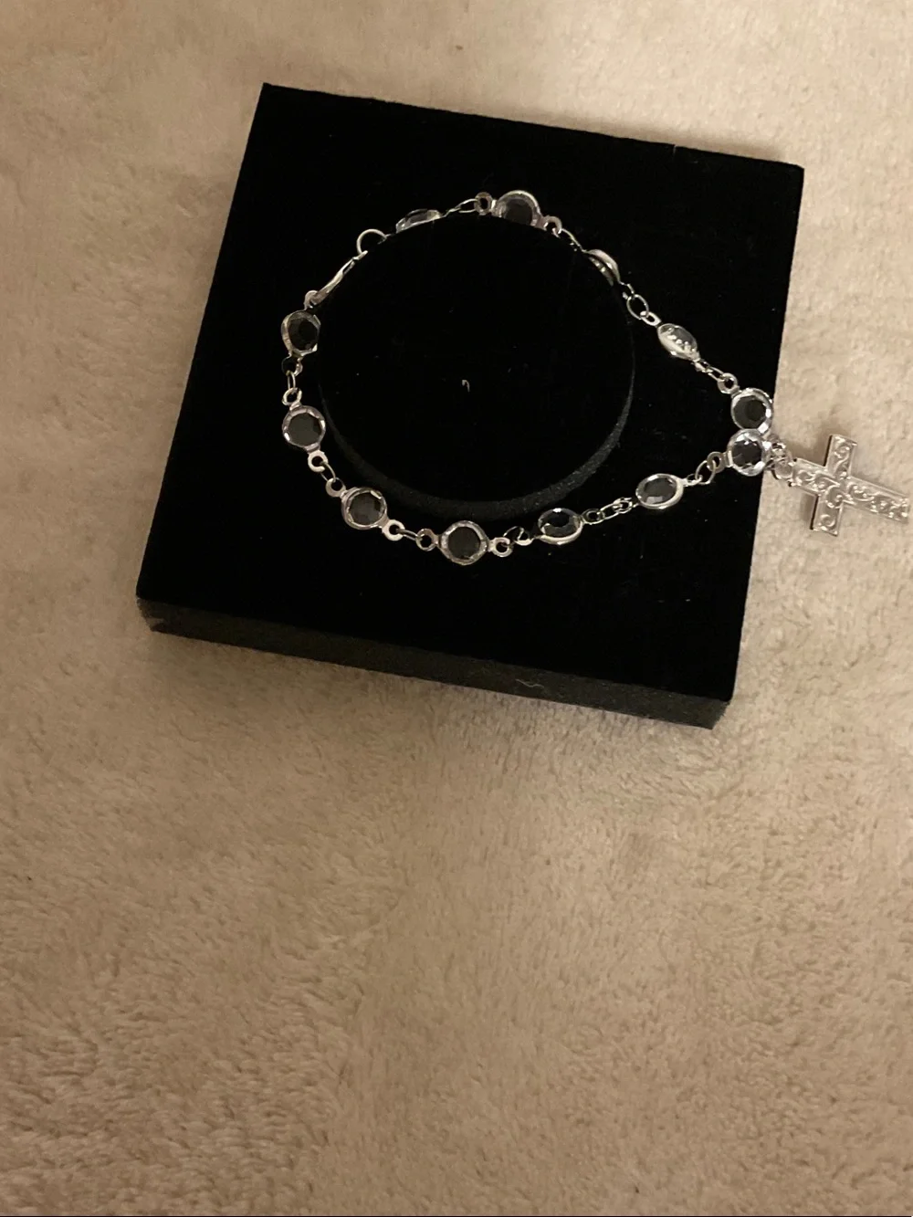 Silver Cross Charm Bracelet with Gray Gem Accents - Women Jewelry
